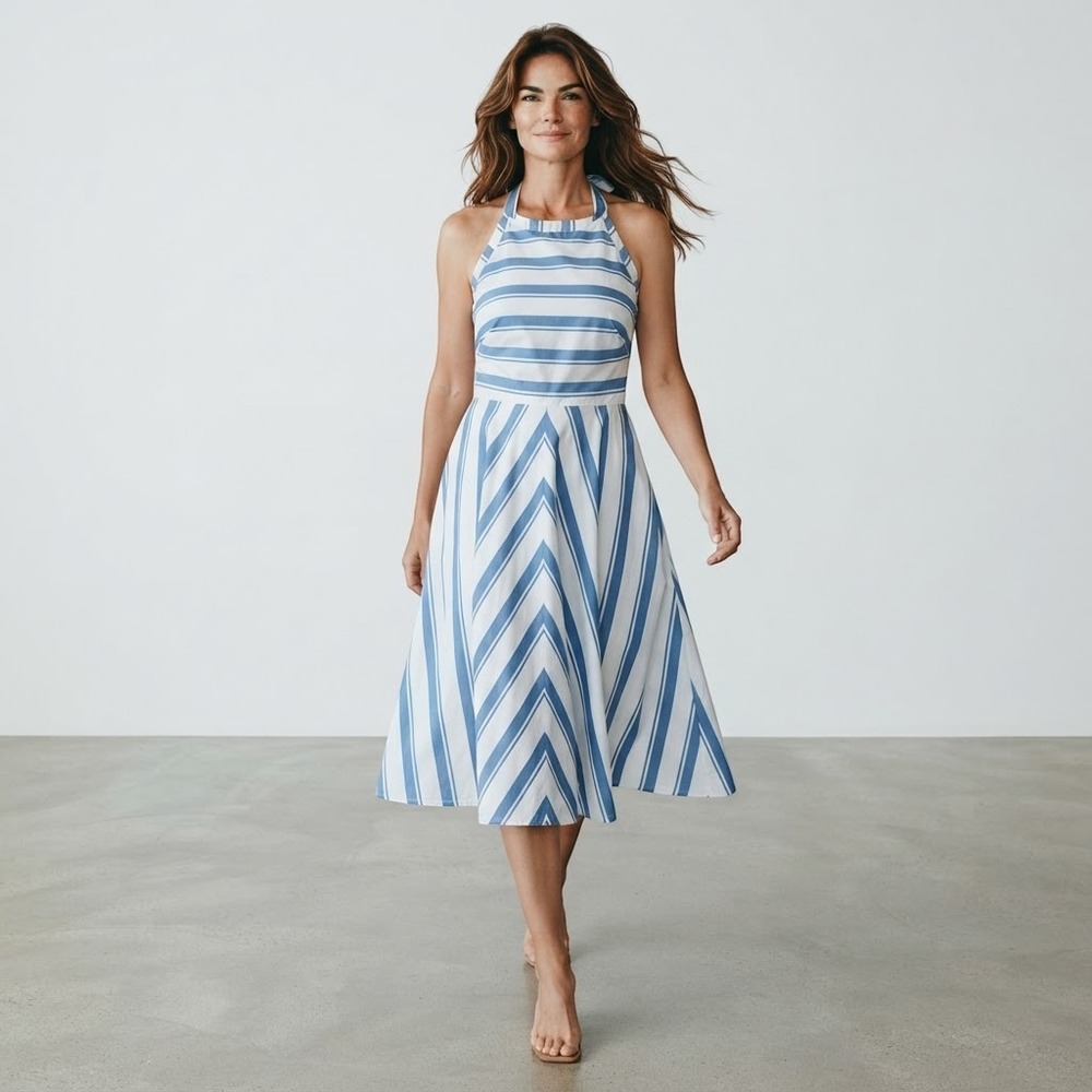 Eliza J Blue Striped Fit and Flare Dress Womens 8 Blue White Striped Halter Fit